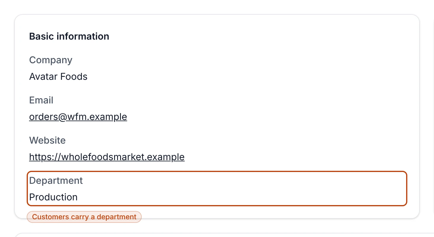The basic-information card for a customer contact, showing its company, email, website, and department fields.