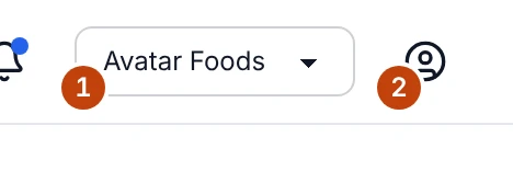 The Active company picker and account menu button at the right of the top bar.