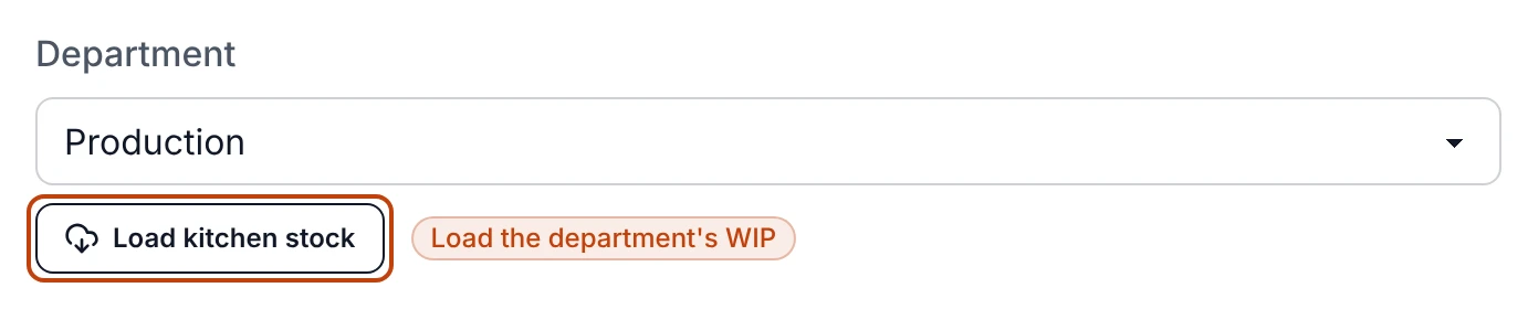 The Department field on a new kitchen return, set to Production, with a Load kitchen stock button beside the dropdown.