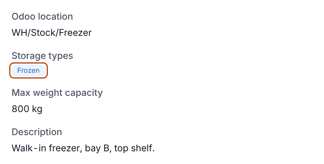 A stock location's detail fields — the Odoo location it maps to, a Frozen storage type, a max weight capacity in kilograms, and a written description of the spot.