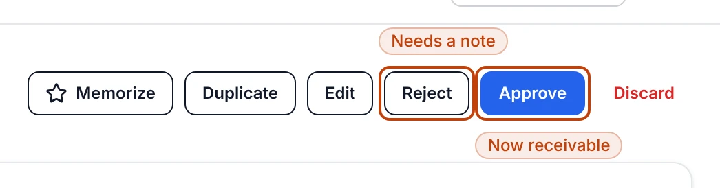 The action bar on a pending purchase order, showing the Reject and Approve buttons.