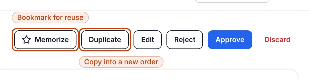 The action bar on a purchase order, showing the Memorize and Duplicate buttons.