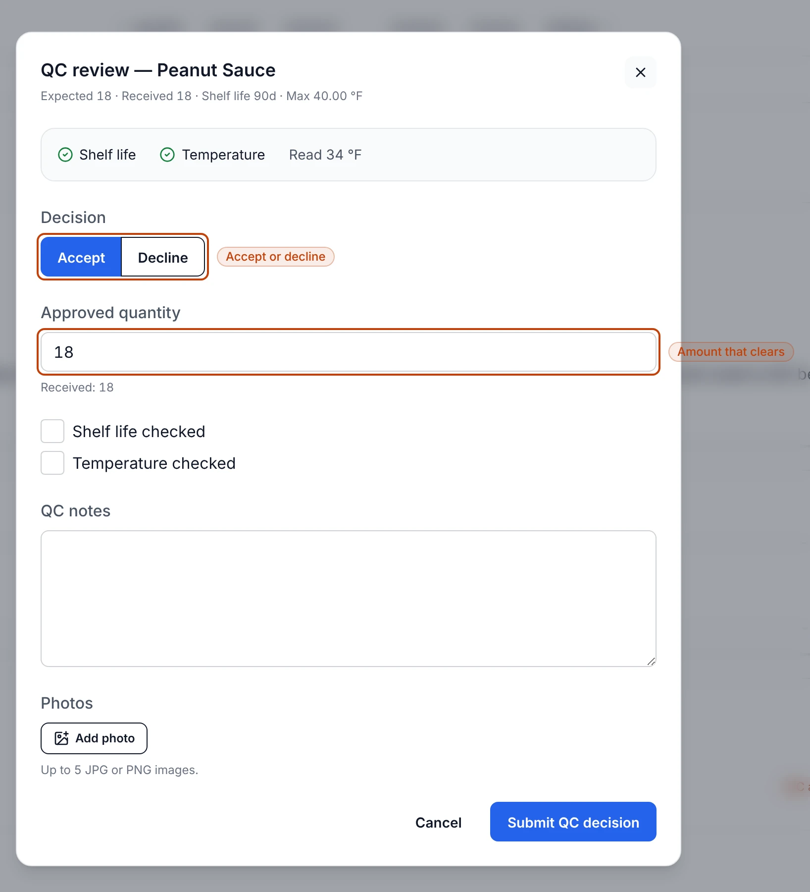 The QC review dialog for a received line, showing an Accept or Decline decision, an approved quantity that starts at the received amount, and shelf-life and temperature check boxes.