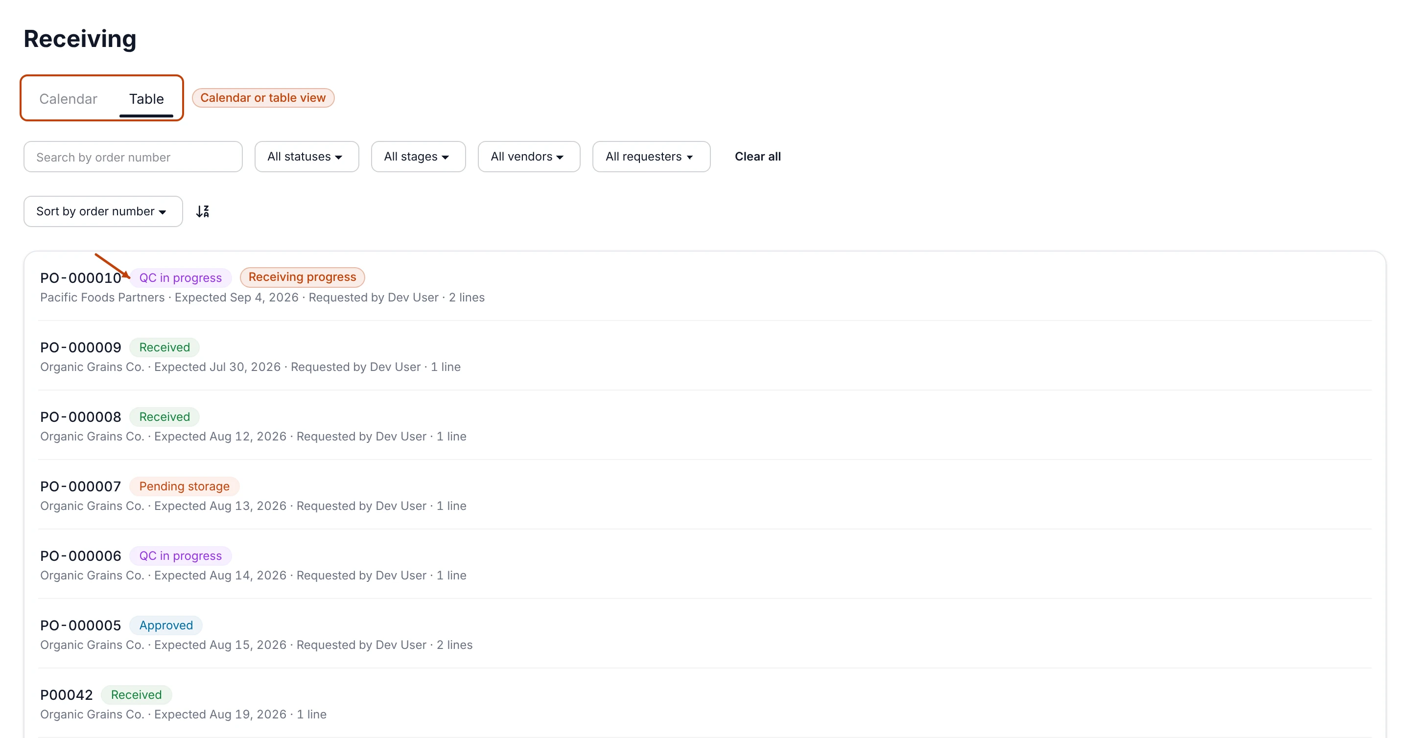 The receiving worklist listing purchase orders by their receiving stage.