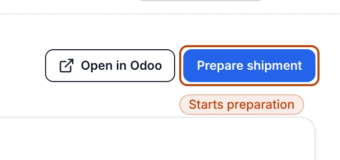 The action area at the top of an approved sales order that already reached Odoo, with an Open in Odoo button beside the Prepare shipment button ringed as the step that starts preparation.