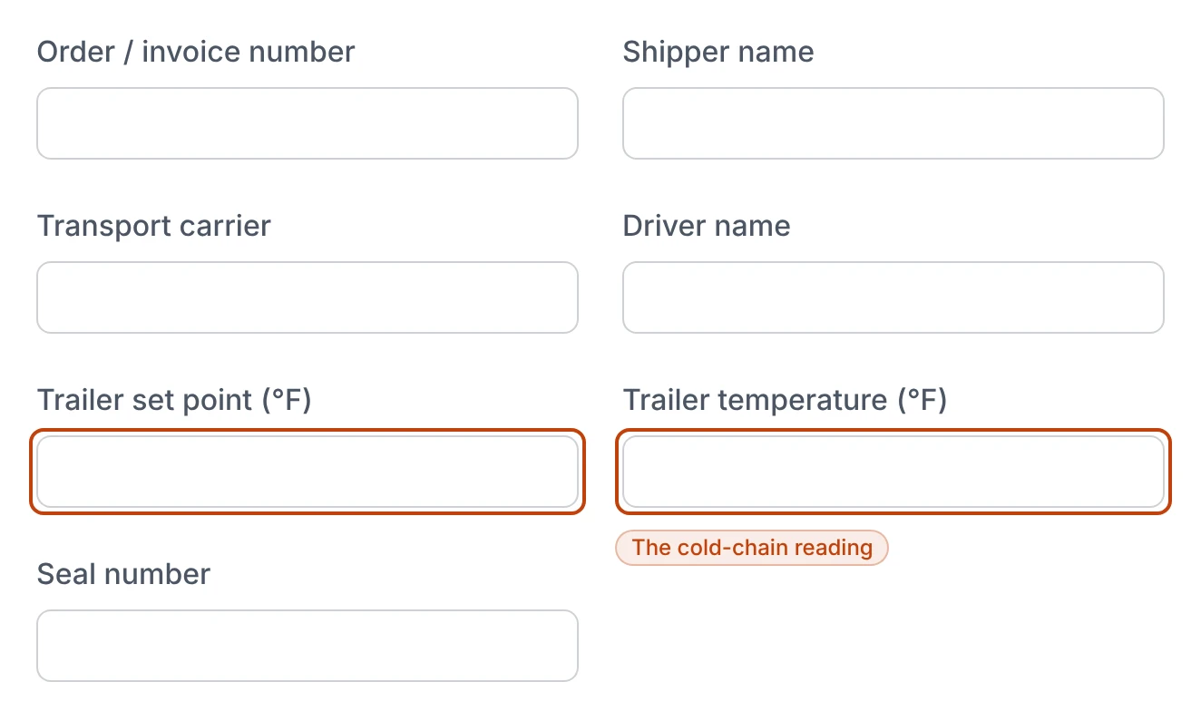 The transport and trailer fields of the Add truck-shipping record form — order or invoice number, shipper name, transport carrier, driver name, trailer set point and temperature in Fahrenheit, and seal number — with the trailer set point and temperature fields ringed.