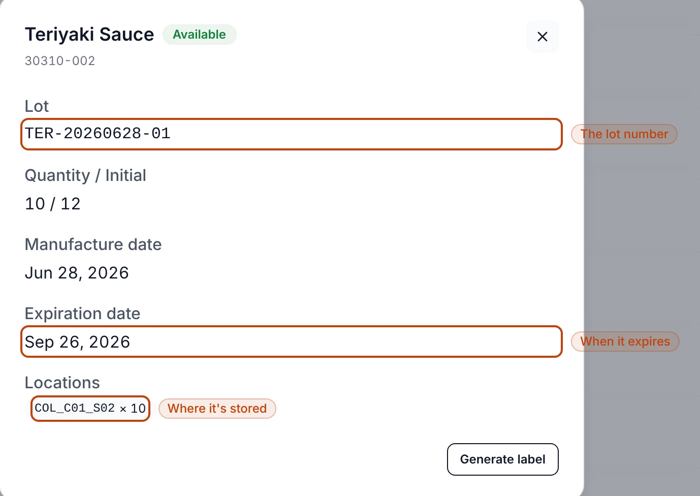 A lot's detail for a finished-good stock item, showing its lot number, quantity against the amount it started with, manufacture and expiration dates, and the location it is stored in.