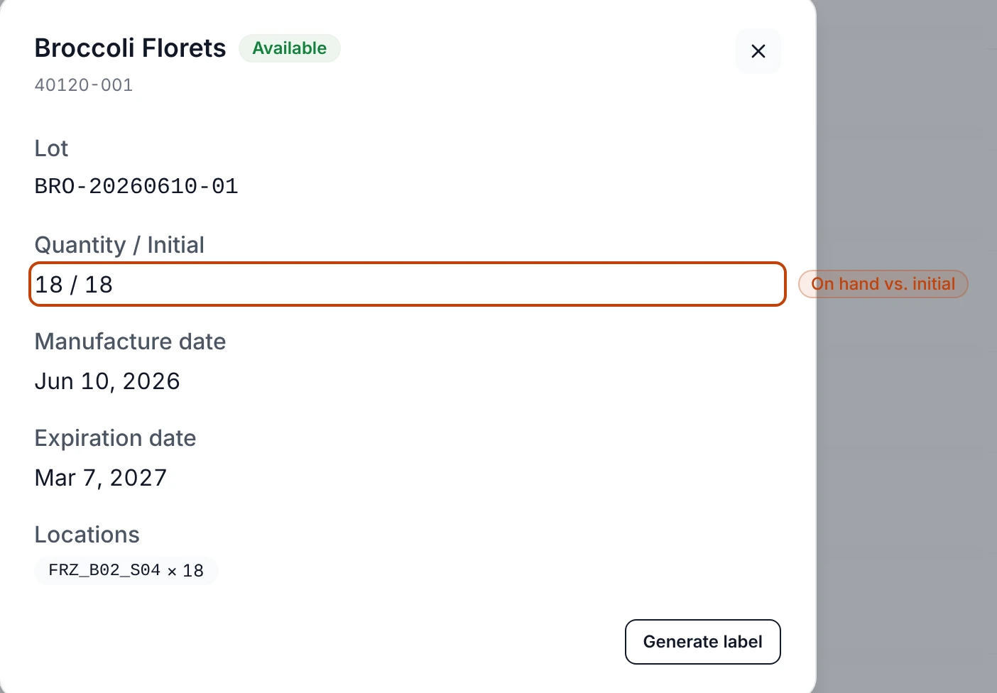 A lot's detail for a frozen stock item, with an Available status badge beside the product name and a Quantity / Initial field reading the cases on hand against the amount the lot first arrived with.