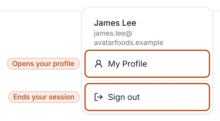 The account menu open in the top-right corner, listing My Profile and Sign out.