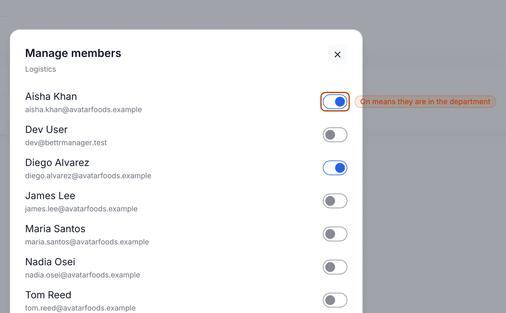 The Manage members panel for a department, with a toggle switch beside each company member.