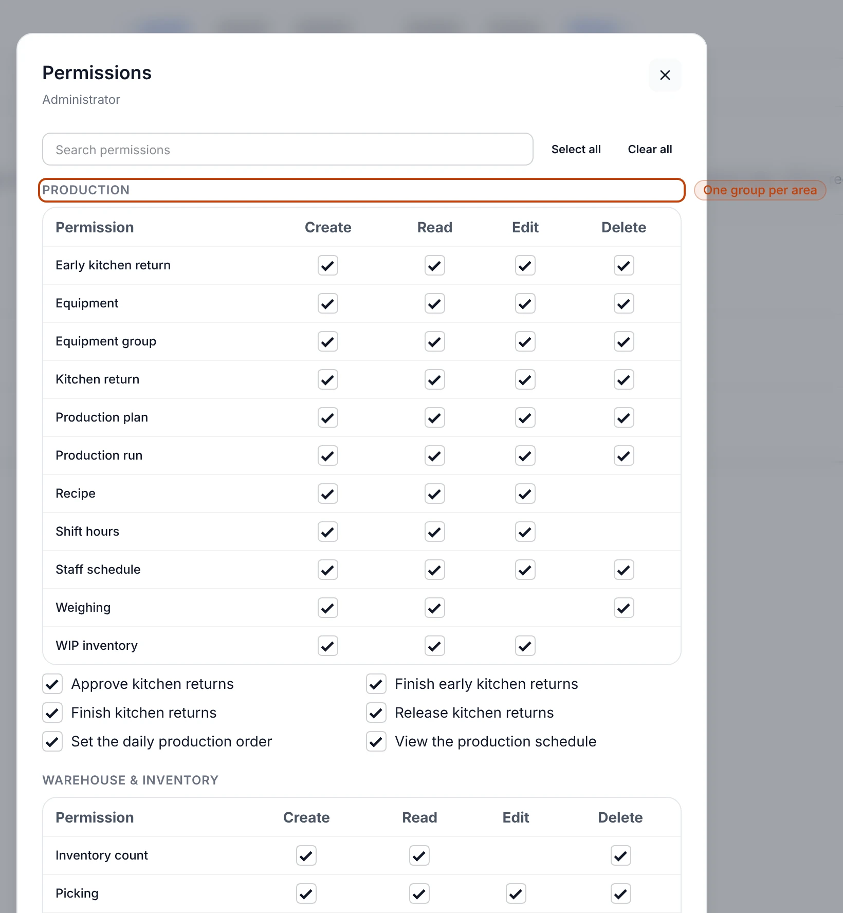 The role permission editor, grouped by area of the app, with Create, Read, Edit, and Delete checkboxes for each kind of record.