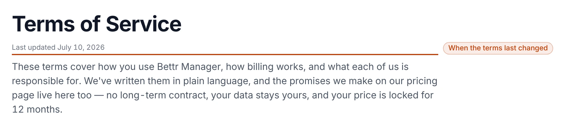 The top of the public Terms of Service page: the title, a Last updated July 10, 2026 date, and a plain-language summary noting no long-term contract, your data stays yours, and a 12-month price lock.